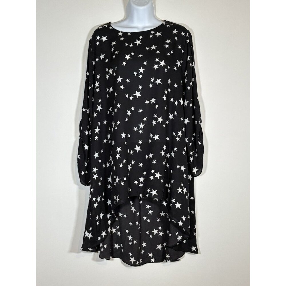 Celestial Tunic Top Black White Star Print Hi-Low Hem Long Sleeve Plus 14/16W